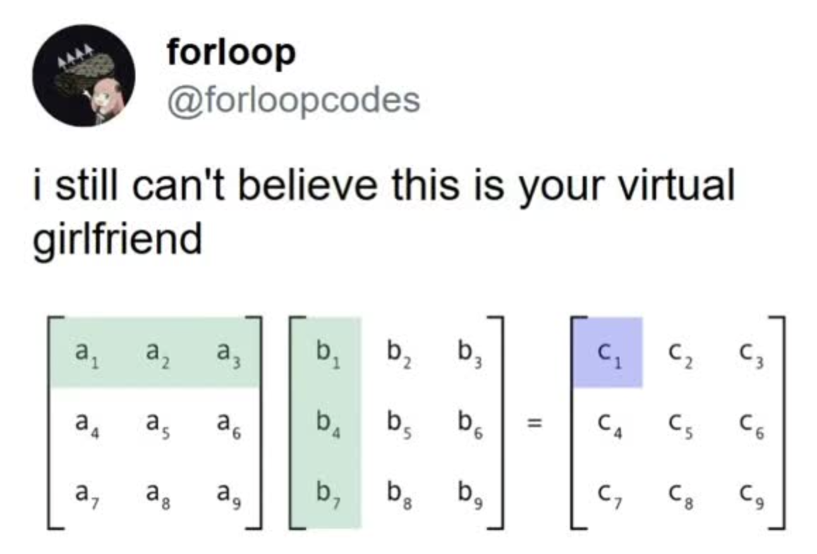 Tweet by @forloopcodes: 'i still can't believe this is your virtual girlfriend' over a 3x3 matrix multiplication