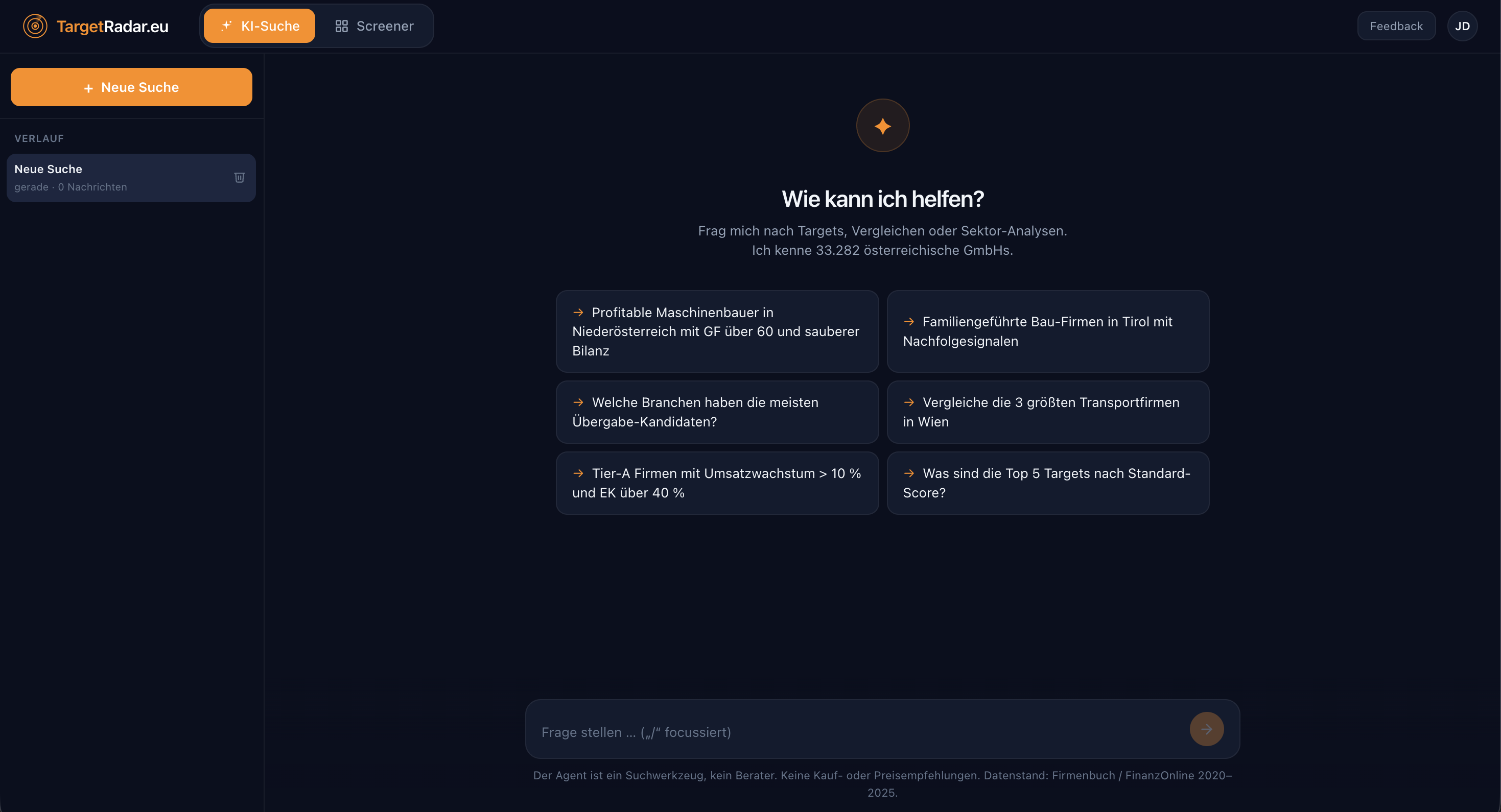 Screenshot of the Firmenbuch goes Agentic web interface