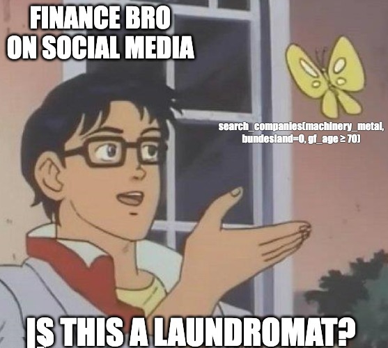 Is this a pigeon meme: finance bro mistakes a database query for a laundromat