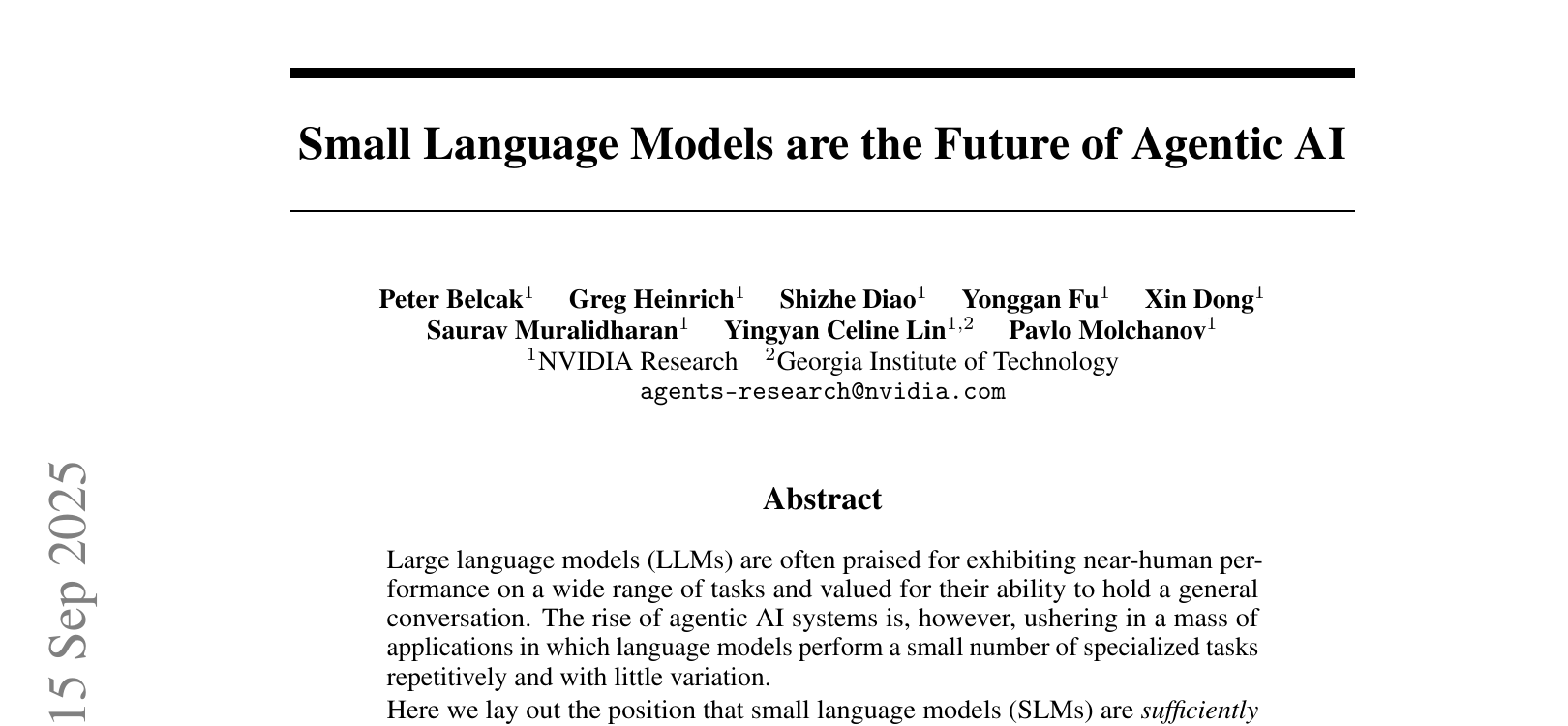 Header of Nvidia's arXiv paper: Small Language Models are the Future of Agentic AI