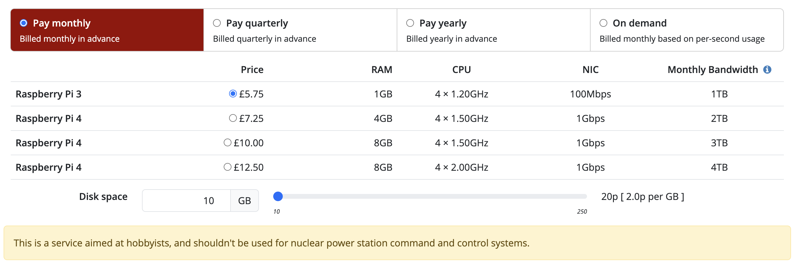 Cloud Raspberry Pi pricing page: Pi 3 and Pi 4 plans from £5.75 a month with per-second billing, and a footer warning the service is aimed at hobbyists and should not run nuclear power station controls