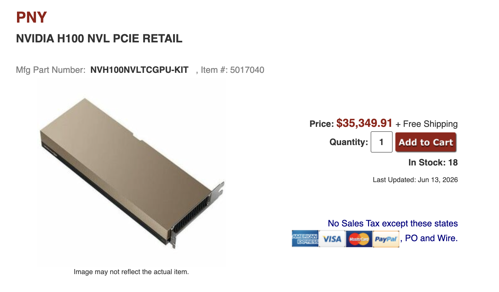 PNY NVIDIA H100 NVL PCIe retail listing priced at $35,349.91 with free shipping, an Add to Cart button, and 18 units in stock