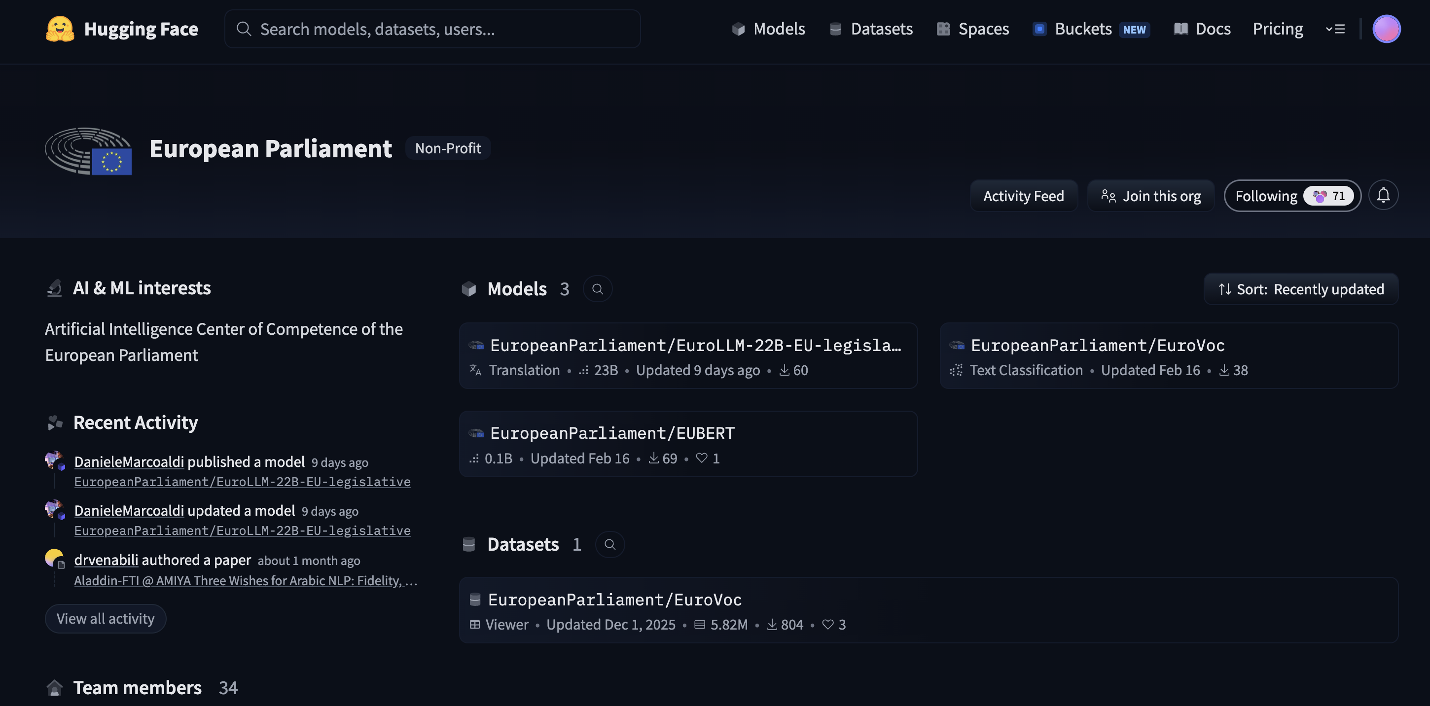 European Parliament's HuggingFace account showing three models with double-digit download counts