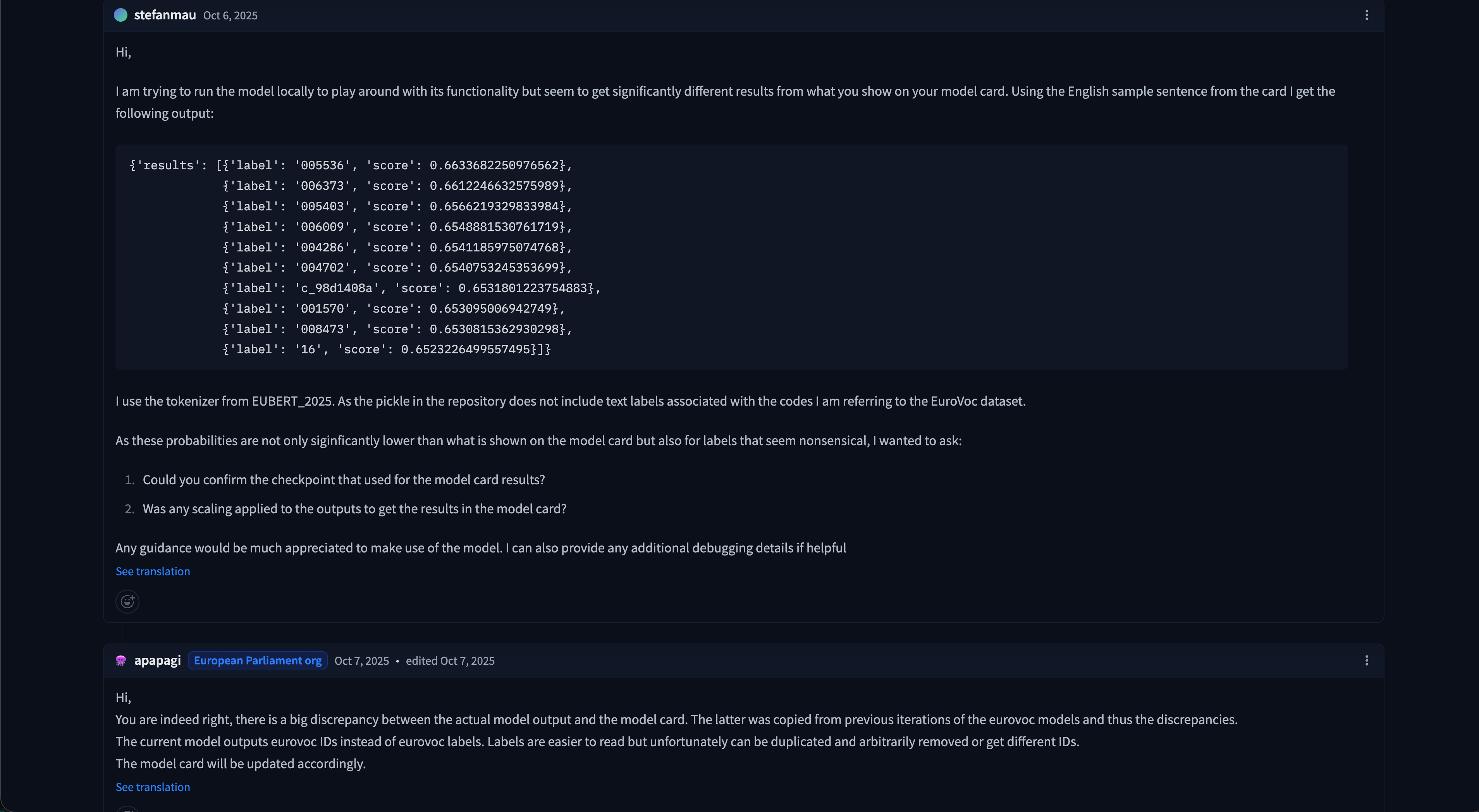 HuggingFace community thread discussing the broken EP model