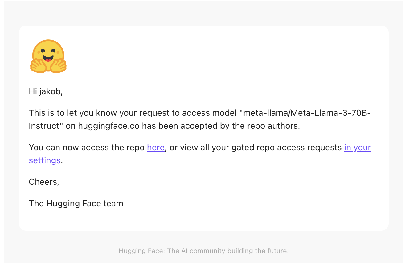 HuggingFace email confirming Llama model access