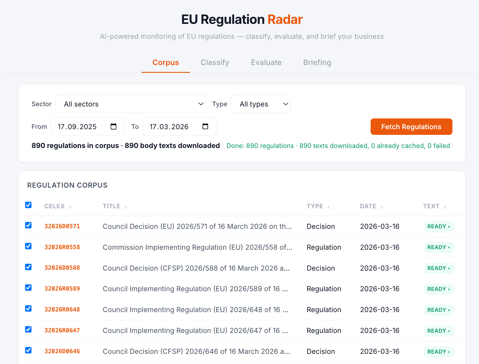 890 regulations downloaded and ready for classification