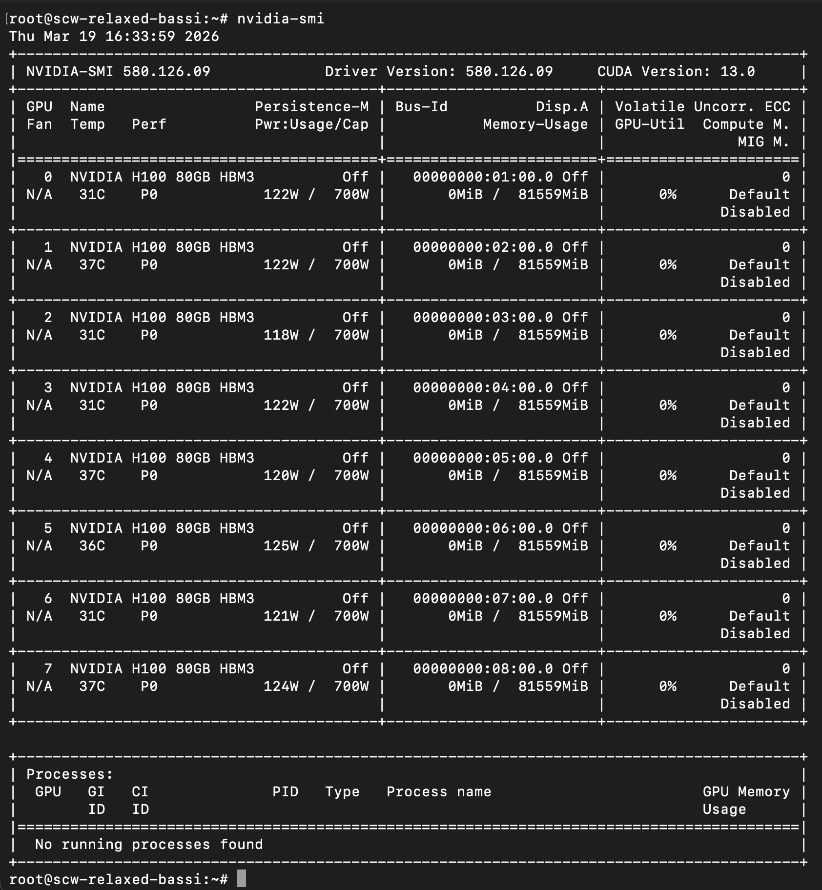 Before: 8 H100 GPUs idle – 0 MiB VRAM