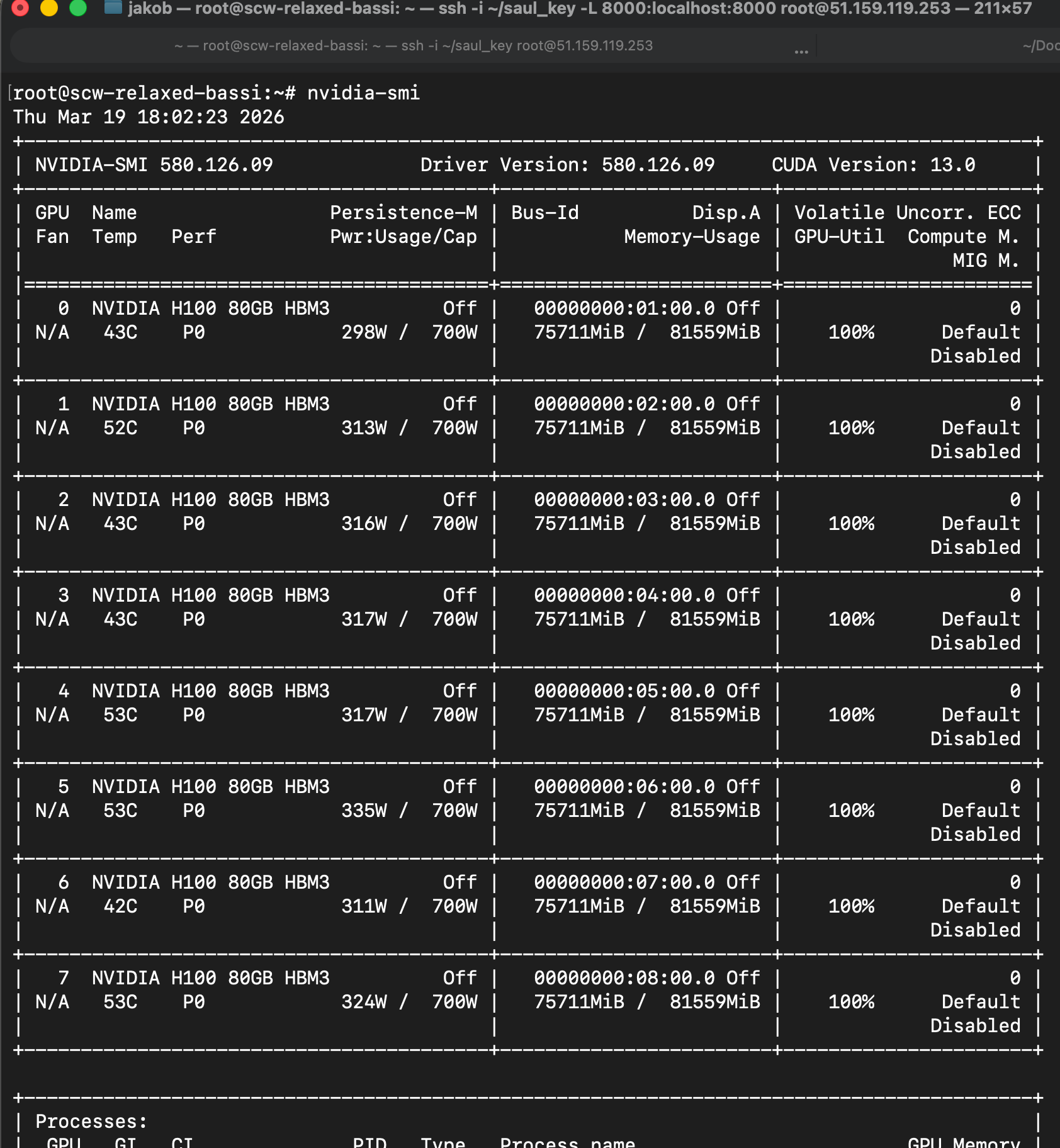 After: 8 H100 GPUs at full load – 75 GB VRAM each