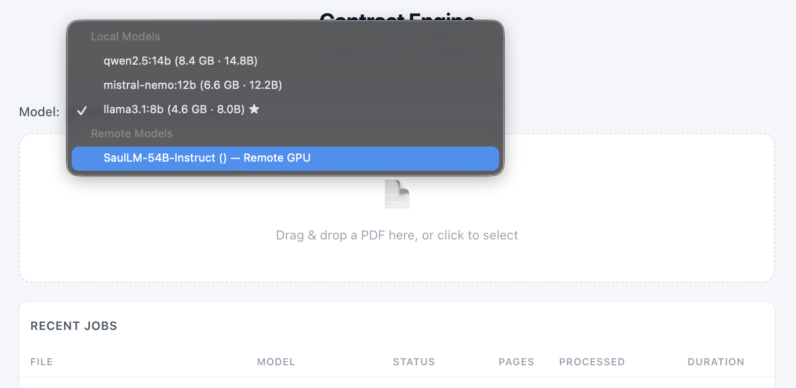 SaulLM appearing in the model dropdown alongside local models